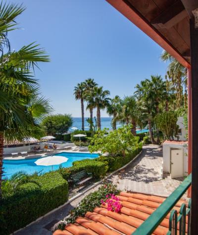 Vista su piscina e mare con palme e giardino tropicale.